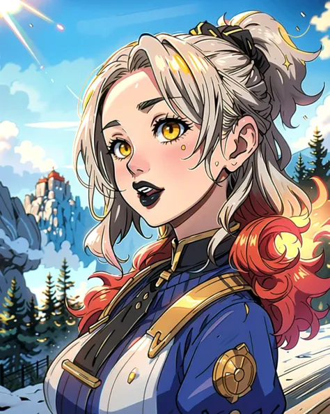 ((masterpiece), best quality, high quality, professional quality, highly detailed, highres, perfect lighting, natural lighting), portrait, diabolical, Intrepid investigator of the occult, Tan Skin, Redhead with curly hair styled in a loose updo, black sheer lipstick, with a snowy tree in the foreground,Necromancer, Savior, Average Height, Toned, Round Face, Tan Skin, White Hair, yellow Eyes, Straight Nose, Thick Lips, Receding Chin, Garibaldi, Shoulder-length, Side Part, A sprawling dwarven city, carved deep into the heart of a mountain