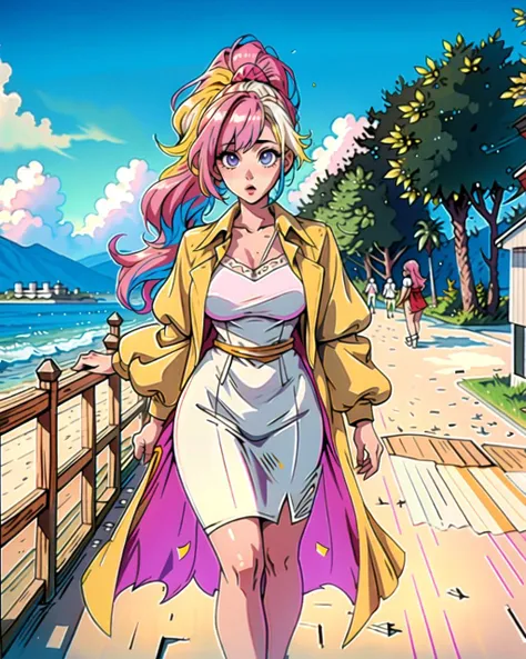 ((masterpiece), best quality, high quality, professional quality, highly detailed, highres, perfect lighting, natural lighting), (1girl, beautiful, medium breasts, (multicolored hair, white hair,blonde hair,pink hair, long hair, high ponytail), perfecteyes eyes), (wearing tiger print, extremelyBeautiful_beautifulclotheswild/Extremely beautiful clothes), on the beach, walking the boardwalk, <lyco:locon_perfecteyes_v1_from_v1_64_32:0.6>