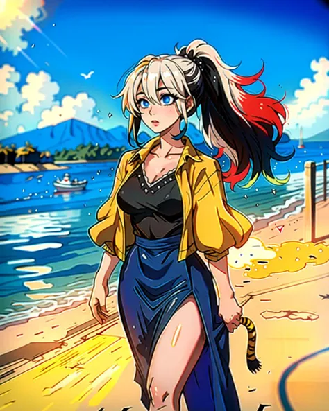 ((masterpiece), best quality, high quality, professional quality, highly detailed, highres, perfect lighting, natural lighting), (1girl, beautiful, medium breasts, (multicolored hair, white hair,black hair,blue hair, long hair, high ponytail), perfecteyes eyes), (wearing tiger print, extremelyBeautiful_beautifulclotheswild/Extremely beautiful clothes), on the beach, walking the boardwalk, <lyco:locon_perfecteyes_v1_from_v1_64_32:0.6>