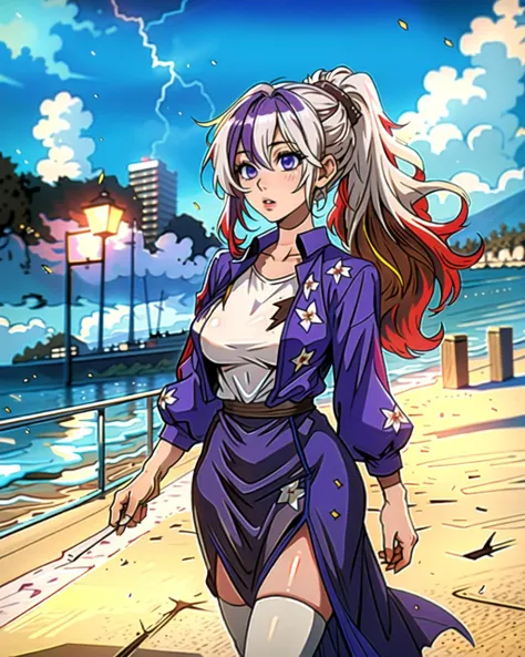 ((masterpiece), best quality, high quality, professional quality, highly detailed, highres, perfect lighting, natural lighting), (1girl, beautiful, medium breasts, (multicolored hair, white hair,brown hair,purple hair, long hair, high ponytail), perfecteyes eyes), (wearing lightning print, extremelyBeautiful_beautifulclotheswild/Extremely beautiful clothes), on the beach, walking the boardwalk, <lyco:locon_perfecteyes_v1_from_v1_64_32:0.6>