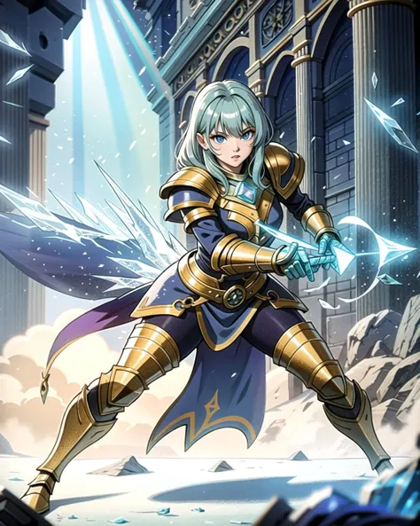 ((masterpiece), best quality, high quality, professional quality, highly detailed, highres, perfect lighting, natural lighting), old wizard, wearing battle armor, casting a ice spell, inside fantasy city