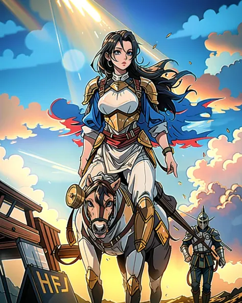 ((masterpiece), best quality, high quality, professional quality, highly detailed, highres, perfect lighting, natural lighting), knight, wearing armor, holding weapon, horseback, stallion, battle against army