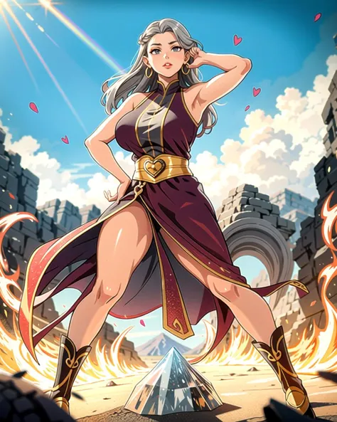 ((masterpiece), best quality, high quality, professional quality, highly detailed, highres, perfect lighting, natural lighting), middle earth, Monk Focusing their mind and body to unleash a flurry of devastating blows with fists and feet, Sultan, Tall, Lean, Round Face, Tan Skin, Blonde Hair, gold Eyes, [[Curved Nose]], Thick Lips, Round Chin, Balbo, Very Long, Undercut, A volcanic wasteland, with rivers of fire flowing into a molten sea, Tolkien,Build a top-notch, best quality illustration, Donned in, Duchess, Average Height, Slim, Heart-Shaped Face, Dark Skin, Silver Hair, Gray Eyes, Wide Nose, Thin Lips, Round Chin, Long Hair, Fine Hair, Loose Waves, large breasts, Hoop earrings, orange velvet lipstick, A timeless realm where every moment freezes, locked in eternal stillness, Intricate crystal formations that resemble frozen flowers, capturing the magic of nature
