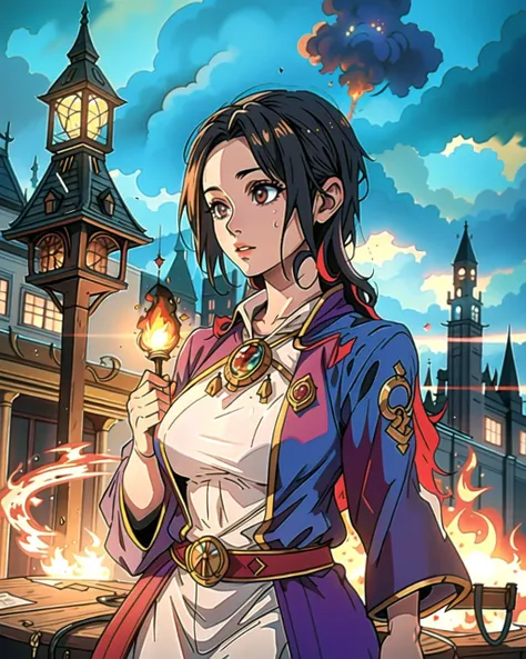 ((masterpiece), best quality, high quality, professional quality, highly detailed, highres, perfect lighting, natural lighting), old wizard, wearing ragged clothing, casting a fire spell, inside fantasy city