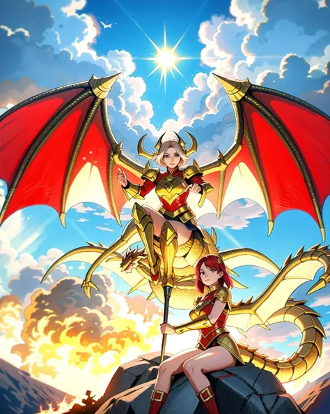 ((masterpiece), best quality, high quality, professional quality, highly detailed, highres, perfect lighting, natural lighting), golden dragon, (1girl, wearing armor, sitting on dragon, dragon rider, holding weapon), flying, flames, magic, clouds, sun in background