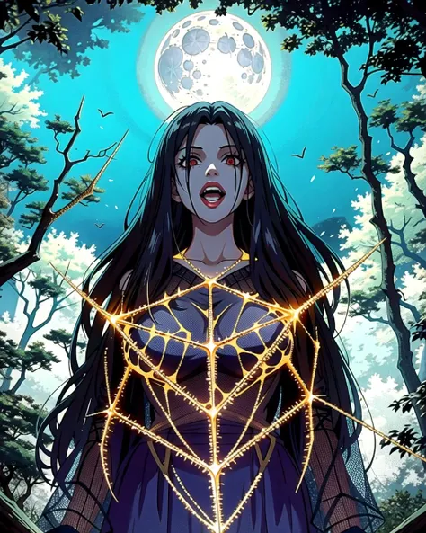 ((masterpiece), best quality, high quality, professional quality, highly detailed, highres, perfect lighting, natural lighting), giant spider, weaving web, between two trees, at night, moonlight, terrifying, horror theme