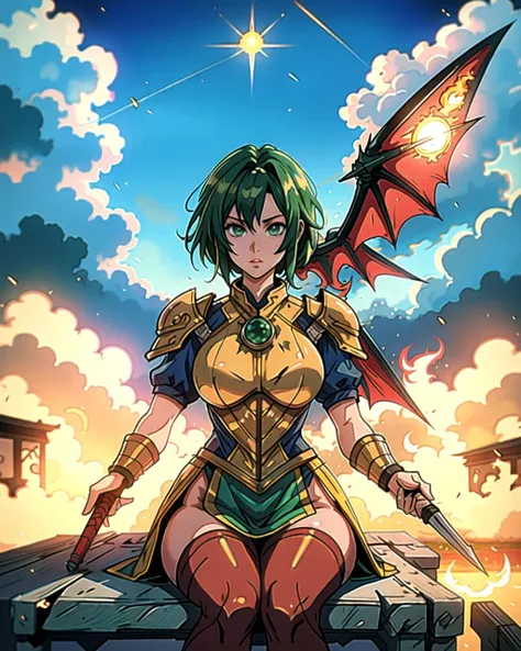 ((masterpiece), best quality, high quality, professional quality, highly detailed, highres, perfect lighting, natural lighting), green dragon, (1girl, wearing armor, sitting on dragon, dragon rider, holding weapon), flying, flames, magic, clouds, sun in background