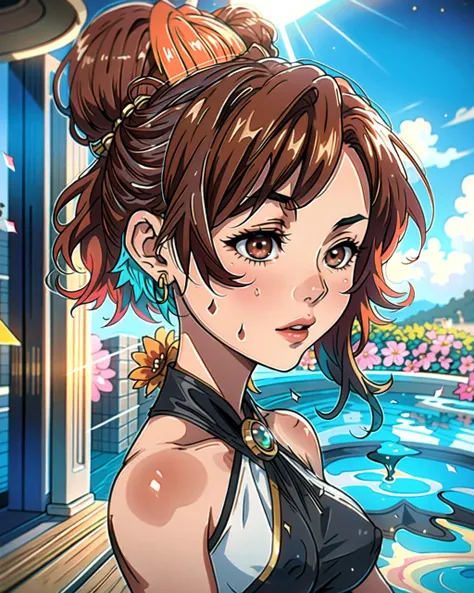 ((masterpiece), best quality, high quality, professional quality, highly detailed, highres, perfect lighting, natural lighting), Mixing by turbulent motion, tankini, Temptress, Short, Toned, Triangular Face, Tan Skin, Light Brown Hair, coral Eyes, Long Nose, Thin Lips, Sharp Chin, Long Hair, Thick Hair, Sock Bun, small breasts, Drop earrings, shimmer metallic lipstick, Splattered droplets on an object, Rippling lake surface,portrait, horrendous, sinister cultist, Olive Skin, Redhead with curly hair styled in a loose updo, brown metallic lipstick, with an ocean view in the background,A collage of diverse materials and textures, juxtaposing elements to create unexpected connections, Labradorite, Donned in, Woman, Average Height, Athletic, Oval Face, Dark Skin, Black Hair, jade Eyes, Short Nose, Pouty Lips, Round Chin, Long Hair, Curly Hair, Voluminous Waves, small breasts, Hoop earrings, terracotta cream lipstick, Within a celestial realm, a celestial garden manifests, its celestial flowers emanating a soft, radiant glow