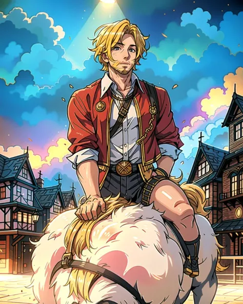 ((masterpiece), best quality, high quality, professional quality, highly detailed, highres, perfect lighting, natural lighting), (1boy, overweight, handsome, facial hair, short hair, blonde hair), wearing fantasy clothing, riding a horse, in a fantasy town