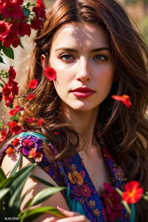 A stunning intricate full color portrait of a woman, wearing a floral dress, having fun, epic character composition,by ilya kuvshinov, alessio albi, nina masic,sharp focus, natural lighting, subsurface scattering, f2, 35mm, film grain <lyco:locon_taniaraymonde_v1_from_v1_64_32:1.0>
