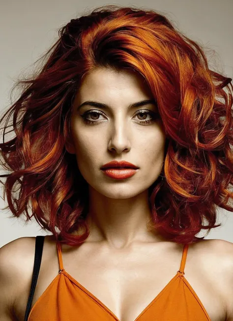 portrait of sks woman by Flora Borsi, style by Flora Borsi, bold, bright colours, orange Mohawk haircut, ((Flora Borsi)), <lora:locon_taniaraymonde_v1_from_v1_64_32:1>