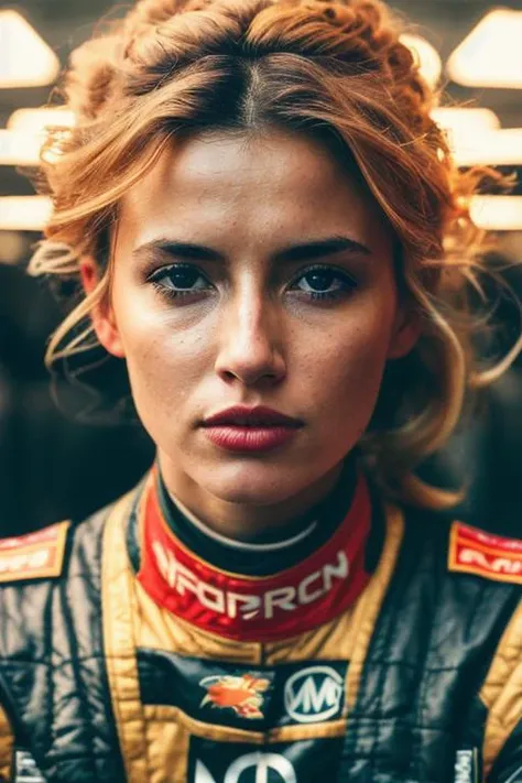 A stunning intricate full color portrait of a woman, wearing a race driver outfit, racing car in background, having fun, epic character composition,by ilya kuvshinov, alessio albi, nina masic,sharp focus, natural lighting, subsurface scattering, f2, 35mm, film grain <lyco:locon_taniaraymonde_v1_from_v1_64_32:1.0>