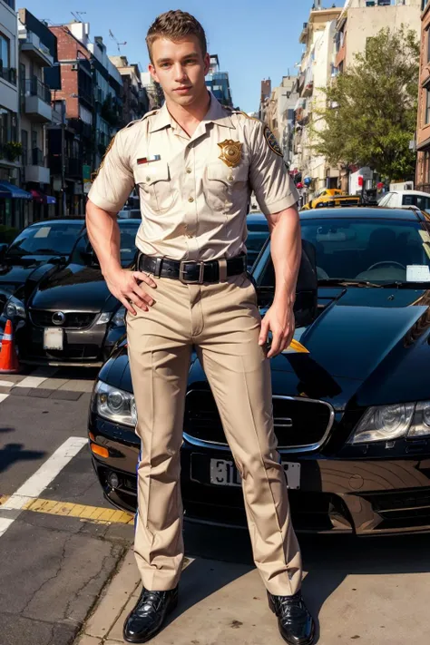 standing on sidewalk, (standing next to a car), writing on a notepad, JakeAndrews, beige-color, dress shirt, belt, pants, badge, masterpiece, (((full body portrait)))  <lora:Clothing - Sexy Police Officer:0.7>   <lora:JakeAndrews:0.8>