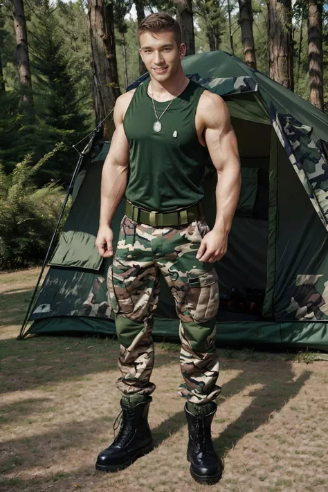 Wide Angle,8K True-to-Life Picture Quality, Handsome, man, blue eyes,Wearing tight camouflage clothing, Soldier, , barracks, Big bulge, muscular, Pectoralis major,Swelling of chest muscles,Excellent J8, Big-hearted,Perfect facial details,Sexy and charming expression