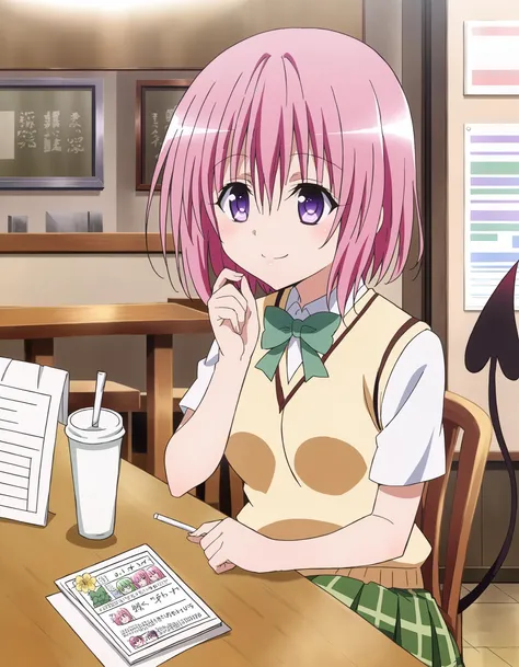 score_9, source_anime, anime coloring, momodevil, 1girl, solo, <lora:momodevilvXLPonyV1-000006:0.7>, To Love-ru, momo velia deviluke, bob cut, short hair, pink hair, purple eyes, medium breasts, bright colors, pastel, bright pink hair, sainan high school uniform, white shirt, green skirt, (pleated skirt:1.4), green bow, black thighhighs, uwabaki, orange sweater vest, flower, tail, demon tail, <lora:MeMaXL_V2:0.8>, sitting at table, sitting on chair, cafe, smile, happy, (pink lips:0.8), upper body