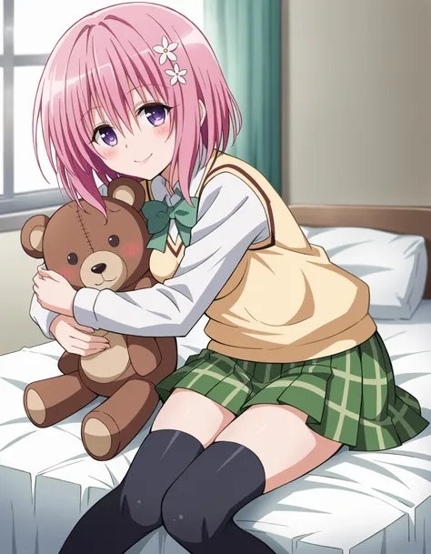 1girl, solo, <lora:momodevilvXLPonyV1-000006:0.7>, To Love-ru, momo velia deviluke, bob cut, short hair, pink hair, purple eyes, medium breasts, bright colors, pastel, bright pink hair, sainan high school uniform, white shirt, green skirt, (pleated skirt:1.4), green bow, black thighhighs, uwabaki, orange sweater vest, hair flower, looking at viewer, smile, happy, blush, (pink lips:0.8), hugging teddy bear, upper body, <lora:Yabuki Kentarou_XL_PONY:1>, sitting on bed
