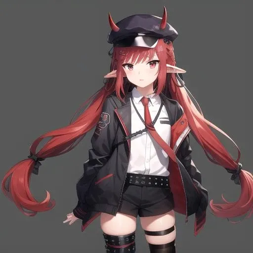 ((masterpiece)),(best quality),official art,extremely detailed CG,unity 8k wallpaper,ultra detailed,1girl,solo,cowboy shot,very_long_hair,horns,red_eyes,thighhighs,mismatched_legwear,red_hair,pointy_ears,boots,horns_through_headwear,asymmetrical_legwear,white_shirt,knee_pads,shoulder_armor,black_headwear,looking_at_viewer,low_twintails,low-tied_long_hair,cabbie_hat,red_necktie,black_footwear,pauldrons,hair_ornament,hairclip,sidelocks,collared_shirt,open_jacket,black_jacket,braid,studded_belt,<lora:Vigna(ark)>,