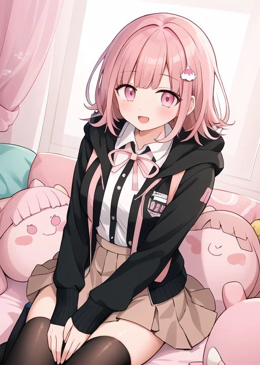 1girl, backpack, bridal veil, brown hair, brown skirt, carrot hair ornament, cat bag, chiaki nanami, dress shirt, hair ornament, hood, jacket removed, large breasts, long sleeves, looking at viewer, lying, medium breasts, miniskirt, official alternate costume, open clothes, open mouth, pink hair, pleated skirt, ribbon, shirt, shoes, smile, solo, teeth, thighhighs, two-tone jacket, two-tone shirt, white shirt,
<lora:䏿µ·åç§-chiakinanami-lyco-nochekaiser:0.7> chiaki nanami, blunt bangs, pink hair, hair ornament, medium hair, (pink eyes:1.5),