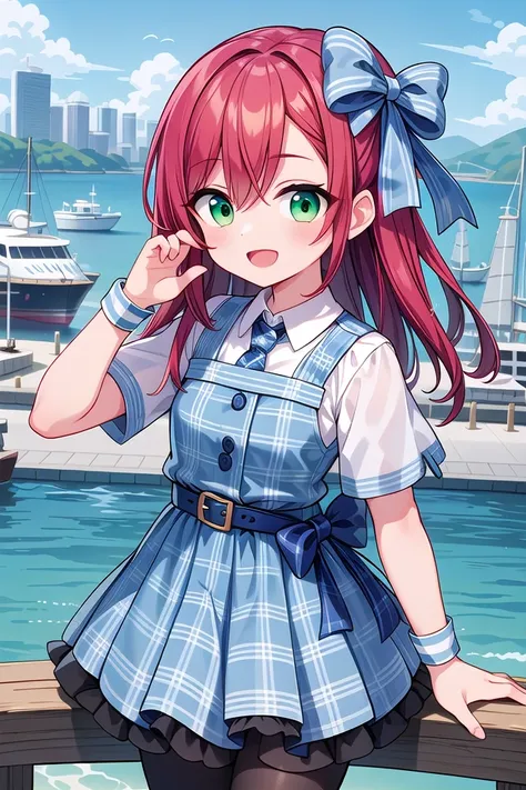 insanely detailed, absurdres, ultra-highres, ultra-detailed, best quality,
1girl, solo, nice hands, perfect hands
BREAK
(nsfw:-1.5),
(Enchant:1.4), (blue theme:1.5), ((blue plaid pattern, tone on tone):1.4), (idol uniform:1.2), (fusion of sleeveless (blue plaid pattern) vest and blue sundress:1.4), (blue tie:1.4), ((blue plaid pattern) multi-layered skirt with ruffles:1.3), ((blue:1.3) platform HIGH boots:1.1), (blue plaid pattern ribbon on head:1.3)
BREAK
(short sleeve white collared-shirt dress layering:1.2), (black pantyhose:1.2), (belt:1.3), (wristband:1.3), (naked skin:-1), (black vest:-1), (white vest:-1), (black skirt:-1), (white skirt:-1), (cleavage:-1.5)
BREAK
happy smile, laugh, open mouth,
from above,
cute pose, cowboy shot, looking at viewer
BREAK
slender, kawaii, perfect symmetrical face, ultra cute girl, ultra cute face, ultra detailed eyes, ultra detailed hair, ultra cute, ultra beautiful
BREAK
(bay, sea, harbor, bay side:1.4), (cityscape in tokyo:1.3), buildings, day, blue sky, panorama view, outdoor, (indoors:-1.3), (day:1.3), (evening:-1.5), (night:-1.5), depth of field, ultra detailed background, (very wide, panorama view, sense of depth, magnificent view:1.3)
BREAK
medium large breasts
BREAK
(red hair, green eyes:1.2), messy hair, hair between eyes