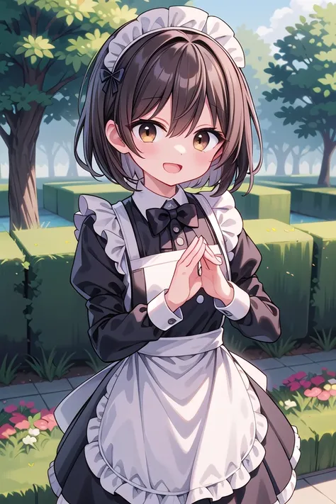 insanely detailed, absurdres, ultra-highres, ultra-detailed, best quality,
1girl, solo, nice hands, perfect hands
BREAK
(cleavage:-1.5),
(traditional maid:1.2),
apron, blush, bow, bowtie, frilled apron, frills, long sleeves, maid, maid apron, maid headdress, waist apron, white apron,
(maid costume, maid hair dress:1.3), long skirt
BREAK
happy smile, laugh, open mouth
BREAK
,
standing, cowboy shot, looking at viewer
BREAK
slender, kawaii, perfect symmetrical face, ultra cute girl, ultra cute face, ultra detailed eyes, ultra detailed hair, ultra cute, ultra beautiful
BREAK
fantasy world, garden of a castle, depth of field, ultra detailed background
BREAK
medium breasts
BREAK
(brown hair, brown eyes), short bob cut, hair between eyes