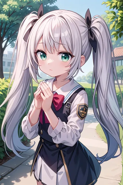 insanely detailed, absurdres, ultra-highres, ultra-detailed, best quality,
1girl, solo, nice hands, perfect hands,
BREAK,
wearing summer school uniform,
expressionless, closed mouth,
standing,
45 angle, cowboy shot, looking at viewer,
BREAK,
(tsurime:1.4),slender, kawaii, perfect symmetrical face, ultra cute girl, ultra cute face, ultra detailed eyes, ultra detailed hair, ultra cute, ultra beautiful,
by Canon EOS, SIGMA Art Lens 35mm F1.4, ISO 200 Shutter Speed 2000,
BREAK,
in a park,
silver hair, twintails, green eyes,