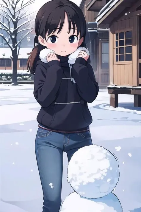 masterpiece,best qualitiy,high detail,3girl,petite,<lora:takamichi-style-v1_1:0.7>takamichi style, girl,sweater,jeans,winter,snow,town,comic,snowball fight