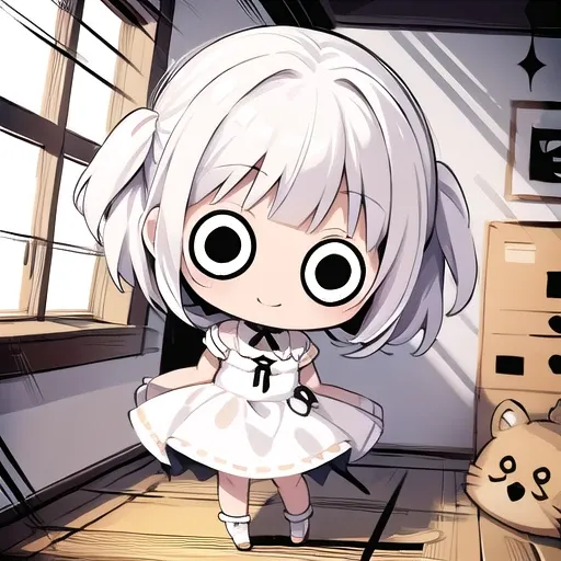 <lora:hotarueye_comic4_v200:1.5>, 1girl, (chibi:1.4), smile, closed mouth, dynamic angle, standing, , white hair, indoors