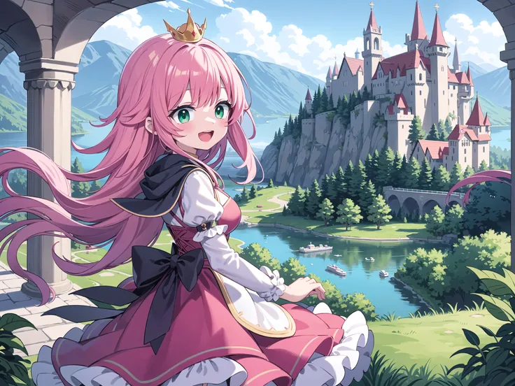 insanely detailed, absurdres, ultra-highres, ultra-detailed, best quality,
1 girl, solo, nice hands, perfect hands,
BREAK,
(wearing princess dress), teara,
happy smile, laugh, open mouth,
standing,
from side, cowboy shot, looking at viewer,
BREAK,
slender, kawaii, perfect symmetrical face, ultra cute girl, ultra cute face, ultra detailed eyes, ultra detailed hair, ultra cute, ultra beautiful,
BREAK,
fantasy world, (castle in background, lake:1.3), (very wide, panorama view, sense of depth, magnificent view:1.3)
BREAK,
princess girl, pink hair, green eyes, medium breasts