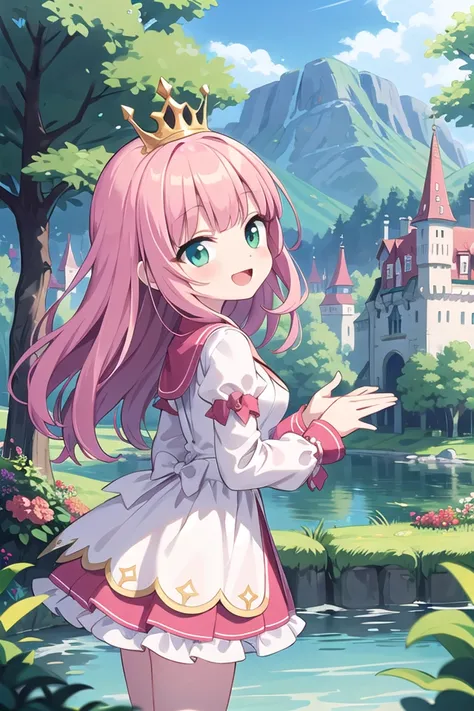 insanely detailed, absurdres, ultra-highres, ultra-detailed, best quality,
1 girl, solo, nice hands, perfect hands,
BREAK,
(wearing princess dress), teara,
happy smile, laugh, open mouth,
standing,
from side, cowboy shot, looking at viewer,
BREAK,
slender, kawaii, perfect symmetrical face, ultra cute girl, ultra cute face, ultra detailed eyes, ultra detailed hair, ultra cute, ultra beautiful,
BREAK,
fantasy world, (castle in background, lake:1.3), (very wide, panorama view, sense of depth, magnificent view:1.3)
BREAK,
princess girl, pink hair, green eyes, medium breasts