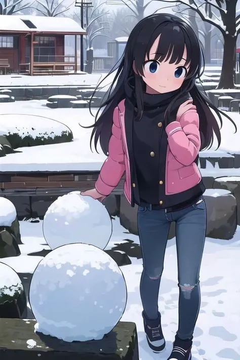 masterpiece,best qualitiy,high detail,3girl,petite,<lora:takamichi-style-v1_1:0.7>takamichi style, girl,sweater,jeans,winter,snow,town,comic,snowball fight