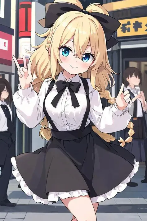 insanely detailed, absurdres, ultra-highres, ultra-detailed, best quality,
1girl, solo, nice hands, perfect hands,
BREAK
braid, shirt, holding, mary janes, socks, black skirt, long hair, white shirt, suspender skirt, white socks, long sleeves, ribbon, suspenders, standing, ruffles, black ribbon, bow , black bow tie, long skirt, black bow, neck ribbon, bowtie, bag
BREAK
happy smile, laugh, closed mouth, blush, standing,
,
cute pose, cowboy shot,
BREAK
slender, kawaii, perfect symmetrical face, ultra cute girl, ultra cute face, ultra detailed eyes, ultra detailed hair, ultra cute, ultra beautiful,
BREAK
in harajuku, shibuya, tokyo, street, crowd, cityscape,
BREAK
medium breasts,
(blonde yellow medium hair, blue eyes), hair between eyes