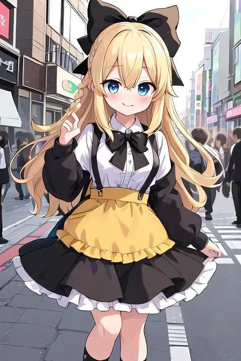 insanely detailed, absurdres, ultra-highres, ultra-detailed, best quality,
1girl, solo, nice hands, perfect hands,
BREAK
braid, shirt, holding, mary janes, socks, black skirt, long hair, white shirt, suspender skirt, white socks, long sleeves, ribbon, suspenders, standing, ruffles, black ribbon, bow , black bow tie, long skirt, black bow, neck ribbon, bowtie, bag
BREAK
happy smile, laugh, closed mouth, blush, standing,
,
cute pose, cowboy shot,
BREAK
slender, kawaii, perfect symmetrical face, ultra cute girl, ultra cute face, ultra detailed eyes, ultra detailed hair, ultra cute, ultra beautiful,
BREAK
in harajuku, shibuya, tokyo, street, crowd, cityscape,
BREAK
medium breasts,
(blonde yellow medium hair, blue eyes), hair between eyes