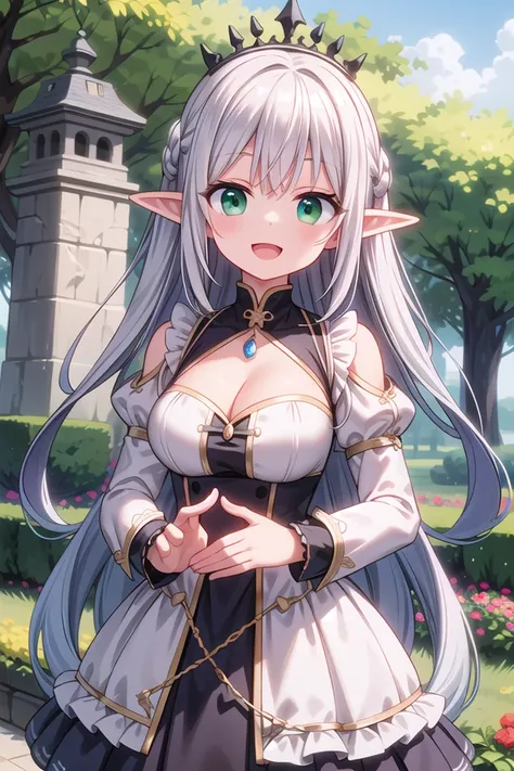 insanely detailed, absurdres, ultra-highres, ultra-detailed, best quality,
1girl, solo, nice hands, perfect hands
BREAK
elf girl, (wearing dress with many frills:1.2), (nsfw:-1.5), (navel:-1)
BREAK
happy smile, laugh, open mouth
BREAK
standing, cowboy shot, looking at viewer
BREAK
slender, kawaii, perfect symmetrical face, ultra cute girl, ultra cute face, ultra detailed eyes, ultra detailed hair, ultra cute, ultra beautiful
BREAK
fantasy world, garden of castle, depth of field, ultra detailed background
BREAK
large breasts, cleavage,
BREAK
silver hair, long hair, elf ear, green eyes