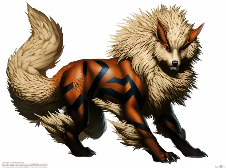 ((solo)), art by arvalis, arcanine, canid, fluffy fur, fur tuft, pokemon (species), monsterhunter, hybrid, full body, realistic, masterpiece, male, solo, (simple background), white background, photorealistic, realistic, <lora:arvalisstyle:0.87>