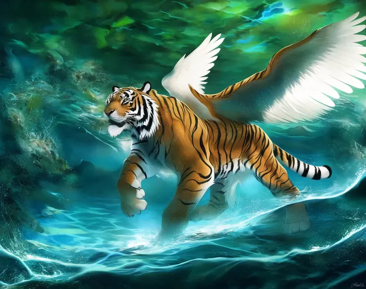 tiger head, realistic, detailed, feral, angel wings, solo, arvalis, (masterpiece), (best quality:1.4), absurdres, [:intricate details:0.2], tiger, no humans, water, photographic, sparkling ,motes, <lora:arvalisstyle-000004:0.75>