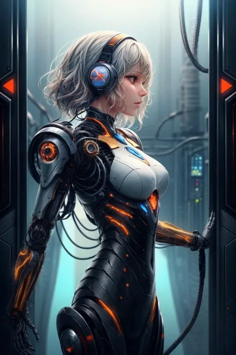 (((masterpiece))), ((best quality)), (ultra-detailed), (CG illustration), (an extremely devious and beautiful)), cinematic light, ((1 mechanical girl)), single, (machine-made joints: 1.4), ((mechanical limbs)), ( blood vessels attached to the tube), ((mechanical cervical vertebrae attached to the neck), ((front_view)), (loking_at_the_viewer)), expressionless, (wires and cables attached to the head and body: 1.5), ((mid_range_shot)), (full_body_view), science fiction, apocalypse, ruins