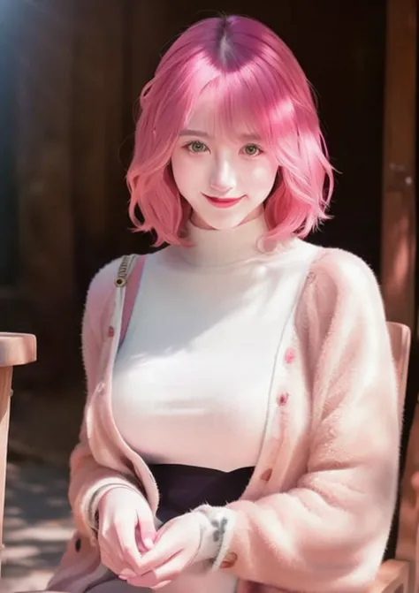 (best quality), ((realistic photo)), (ultra detailed:1.3), (((cinematic color grading))), <lora:yilishazi_v3-9:0.75>, <lora:fashionGirl_v40:0.1>, 1girl, (yilishazi), smile, (platium pink hair:1.2), warm sunlight