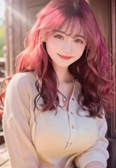 (best quality), ((realistic photo)), (ultra detailed:1.3), (((cinematic color grading))), <lora:yilishazi_v3-9:0.83>, <lora:fashionGirl_v40:0.15>, 1girl, (yilishazi), smile, (platium pink hair:1.23), ((long wavy hair)), warm sunlight