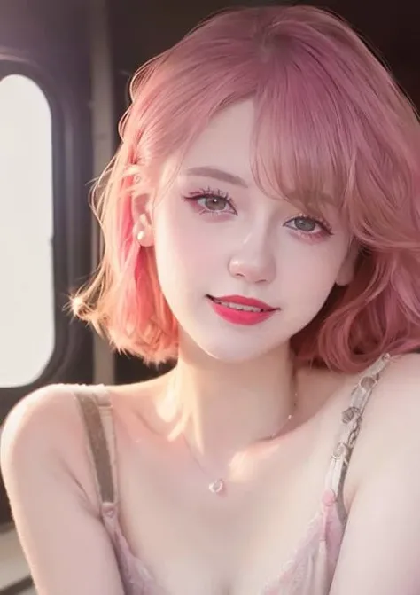 (best quality), ((realistic photo)), (ultra detailed:1.3), (((cinematic color grading))), <lora:yilishazi_v3-9:0.8>, <lora:fashionGirl_v40:0.16>, 1girl, ((yilishazi)), brown eyes, (smile:0.5), (platium pink hair:1.2), warm sunlight, [teeth], ((makeup)), pale white skin, beautiful elegant face