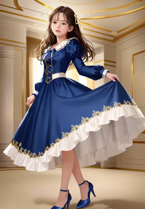 a 14 years old female noble, cute face, brown hair, ribbon, blue gown, high heels, small breast, standing gracefuly, full body, detailed face, detailed cleavage, (palace room as background), natural lighting, (8K, UHD, hires, high resolution, best quality), 1girl, solo, masterpiece, hyperdetailed, realistic lighting, realistic, low angle camera, (realistic photograph, taken with hasselblad),  <lora:(face)CutieSweetieGirlFace_yilishaziV39:0.6>