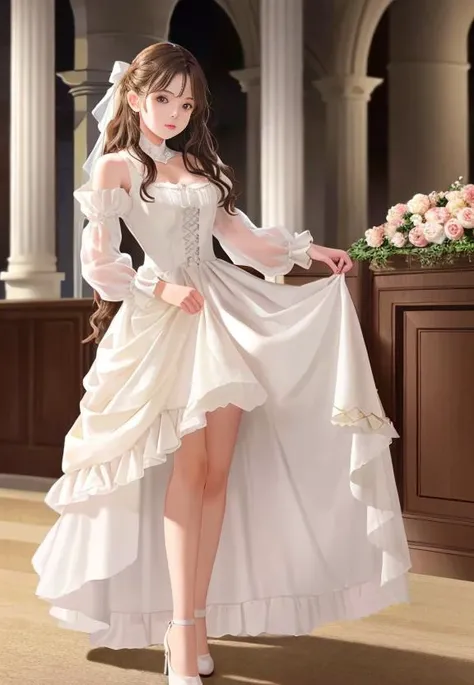 a 14 years old female noble, cute face, brown hair, ribbon, white gown, marriage, lace, rose on hand, high heels, small breast, standing, graceful, full body, detailed face, detailed cleavage, (church as background), natural lighting, (8K, UHD, hires, high resolution, best quality), 1girl, solo, masterpiece, hyperdetailed, realistic lighting, realistic, low angle camera, (realistic photograph, taken with hasselblad), <lora:(face)CutieSweetieGirlFace_yilishaziV39:0.6>