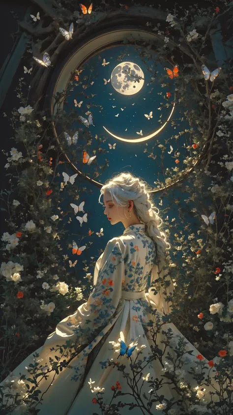 masterpiece, best quality,highres,moon light, 1girl, white hair,look at viewer, long hair, sen, nature,dress,plan, colorful flowers, <lora:Chinese style_20230607154437-000017:0.8:CLOTHING>, <lora:butterfly:0.5>, butterfly style, <lora:FenW-000012:0.3>