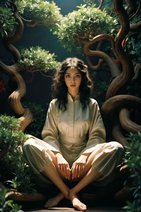 best quality, masterpiece, photo realistic, highly detailed, dark black background, fashion photography, full body photo,a girl sitting on an altar, naked,meditatic, tantric orgasmic, pantless, triangular shape on the center, (lush pubic hair:1.1), (overflowing hair:1.4), hairy pussy, orgasm, insects, bonsai, branches, industrial, elitist, purist, heresy, ominous, ecstasy,full body shot, esoteric, occult, geometric, triangular, circular, <lora:difConsistency_detail:0.4> <lora:5senV1:1>, sen, nature, dress, plant