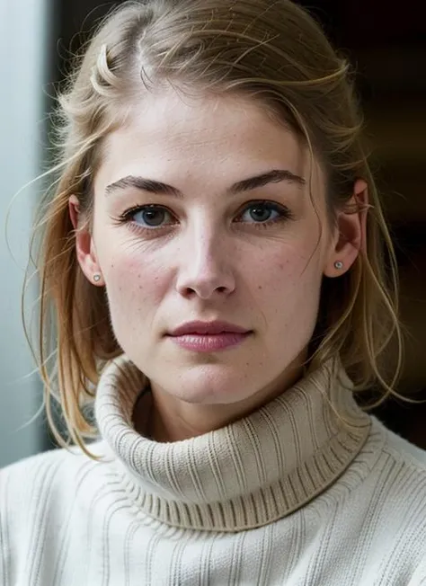 A stunning intricate color close up portrait of (sks woman:1) , wearing Skirt and a sweater, epic character composition, sharp focus, natural lighting, subsurface scattering, f2, 35mm, film grain, , by Annie Leibovitz, <lora:lora-small-rosamund-pike-v1:1>