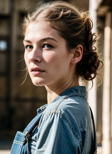 A stunning intricate color close up portrait of (sks woman:1) , wearing Overalls, epic character composition, sharp focus, natural lighting, subsurface scattering, f2, 35mm, film grain, , by Peter Lindbergh, <lora:lora-small-rosamund-pike-v1:1>