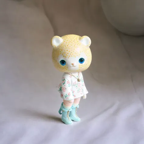 <lora:vallavica_animals:1.2>, vallavica_animals, porcelain animal, ceramic figurine, chibi, cute, blouse, boots, pendant, shorts, thigh-highs