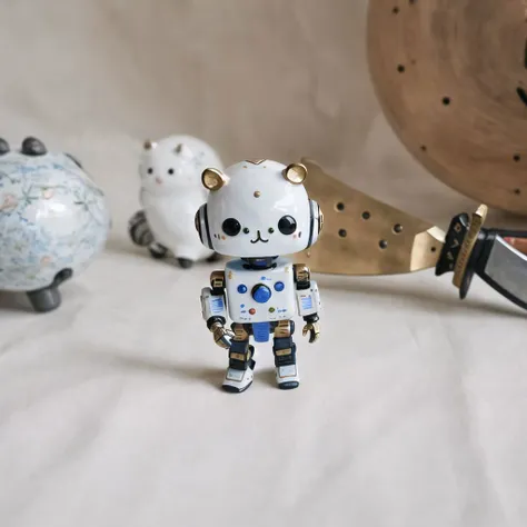 <lora:vallavica_animals:1.2>, vallavica_animals, porcelain animal, ceramic figurine, chibi, cute, 1boy, highres, robot, science fiction, solo, sword, weapon