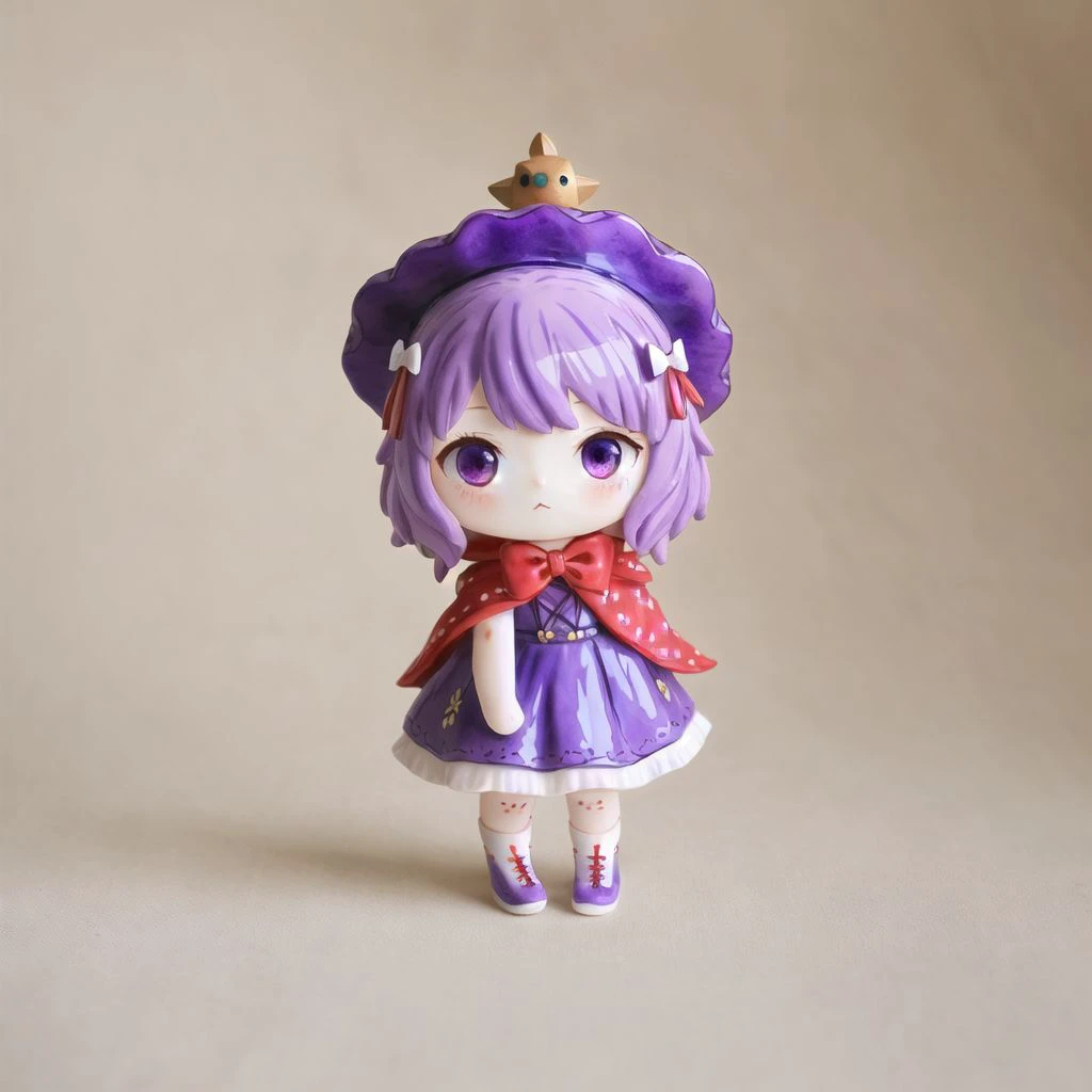 <lora:vallavica_animals:1>, vallavica_animals, porcelain animal, ceramic figurine, chibi, cute,
1girl, bow, dress, female focus, frills, hat, lightning, purple hair, red eyes, ribbon, shawl, short hair, solo