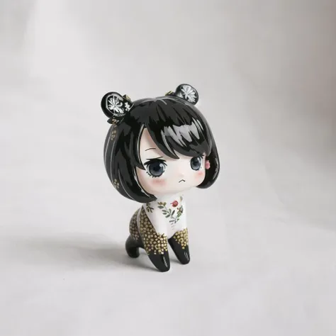 <lora:vallavica_animals:1.2>, vallavica_animals, porcelain animal, ceramic figurine, chibi, cute, black hair, highres, monster girl, personification, red eyes, thigh-highs, thighhighs, zettai ryouiki