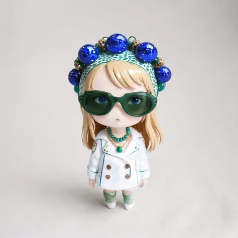 <lora:vallavica_animals:1.2>, vallavica_animals, porcelain animal, ceramic figurine, chibi, cute, 2girls, alternate costume, bangs, bead necklace, beads, blonde hair, blue eyes, brown hair, eyebrows visible through hair, eyewear on head, green eyes, hairband, highres, jacket, jewelry, korean commentary, long hair, multiple girls, necklace, parted lips, sideways, sunglasses, white hairband, white jacket